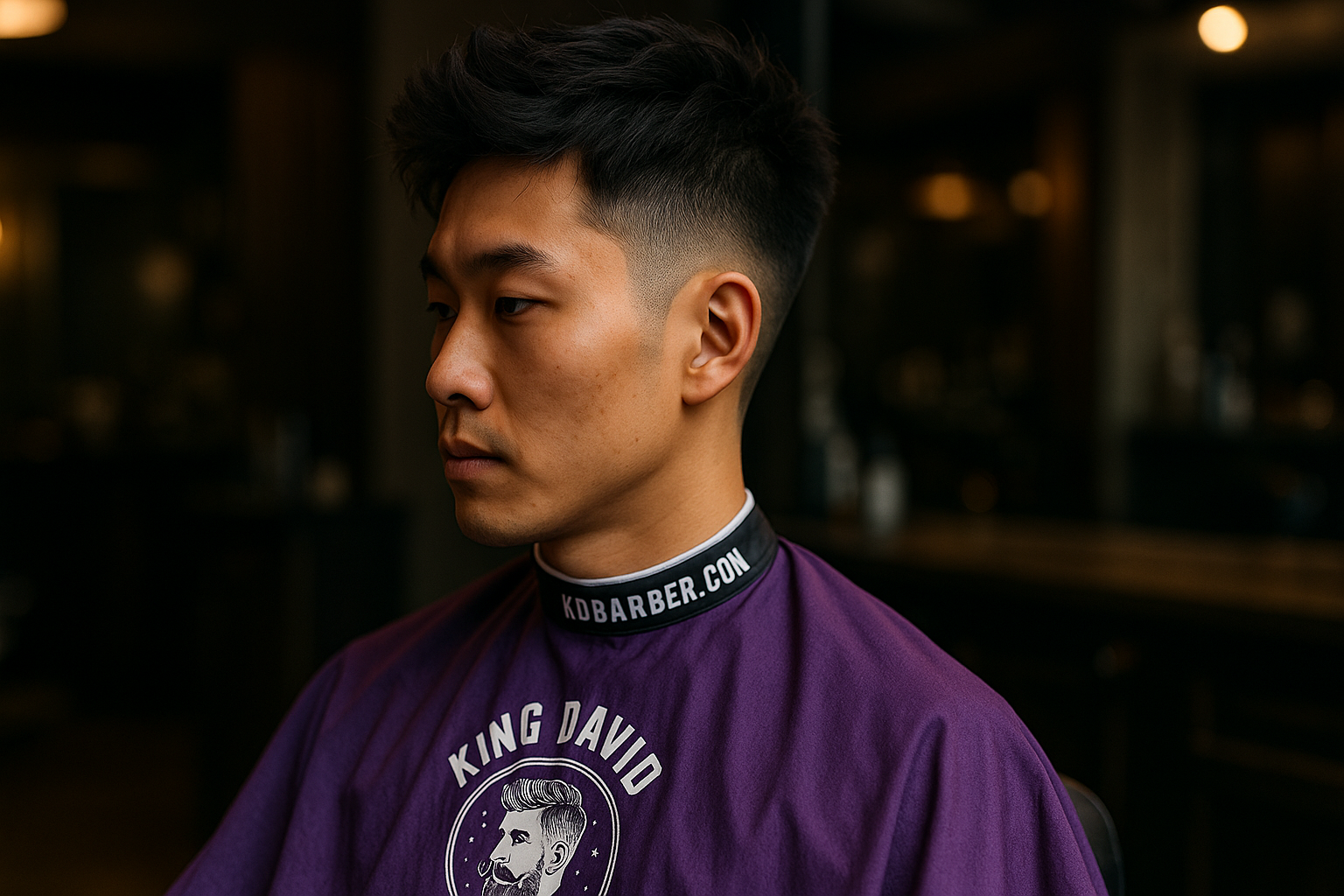 Asian male client with a modern textured fade haircut at King David Barber in NYC, photographed in a cinematic barbershop environment.