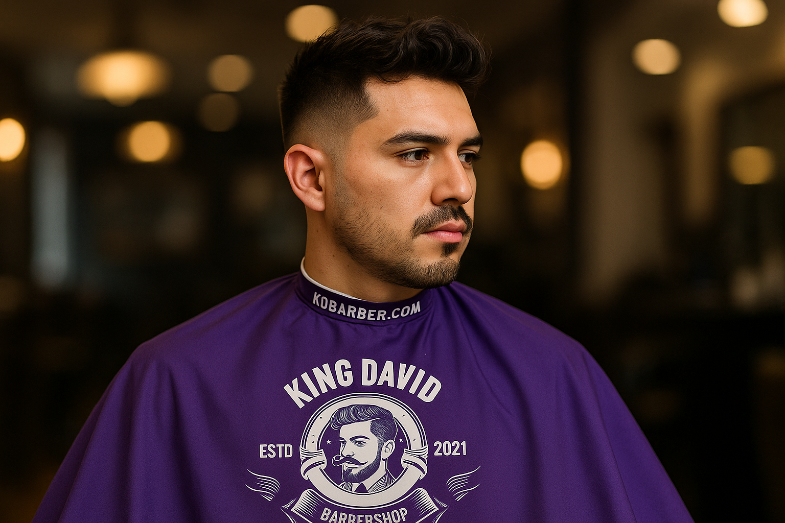 Latin male client with a clean textured fade haircut at King David Barber in NYC, photographed in a cinematic modern barbershop setting.