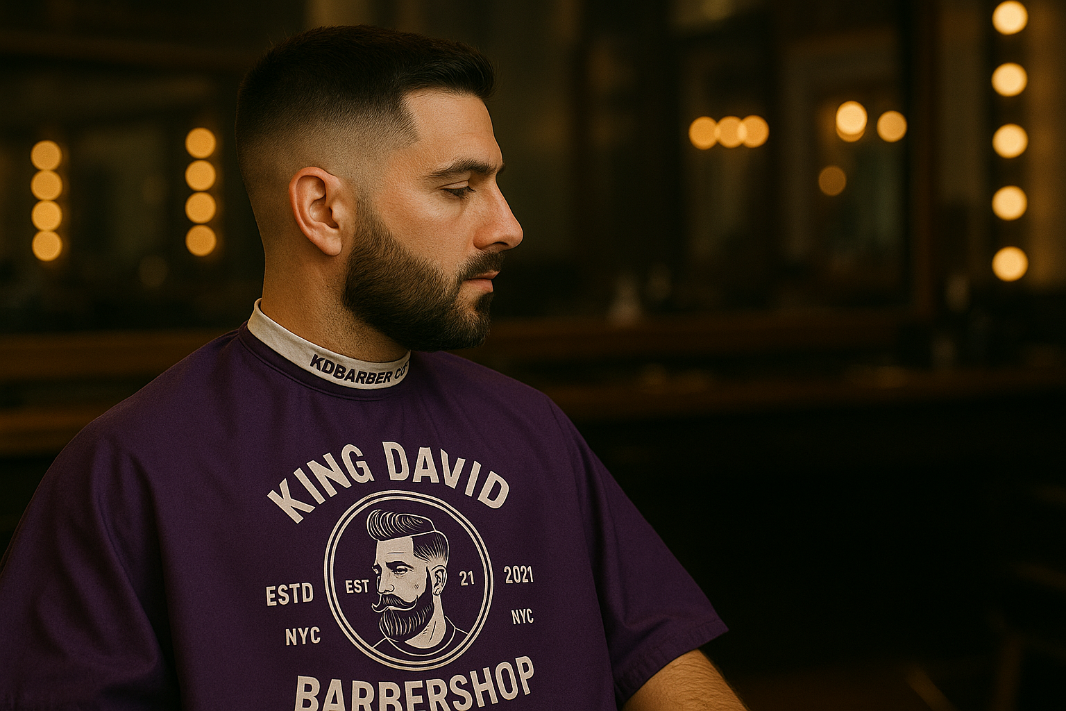 Man getting a clean mid fade haircut at King David Barber in NYC, wearing a purple smock with the King David logo and KDBARBER.COM collar