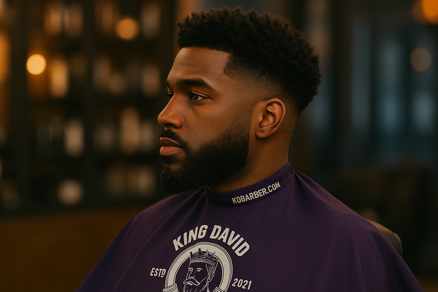 Textured high top fade haircut on a Black male client at King David Barber in NYC, shown in a modern barbershop setting.