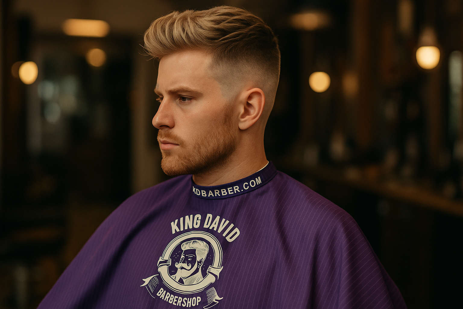 Modern textured quiff fade haircut on a male client at King David Barber in NYC, shown in a cinematic barbershop setting.